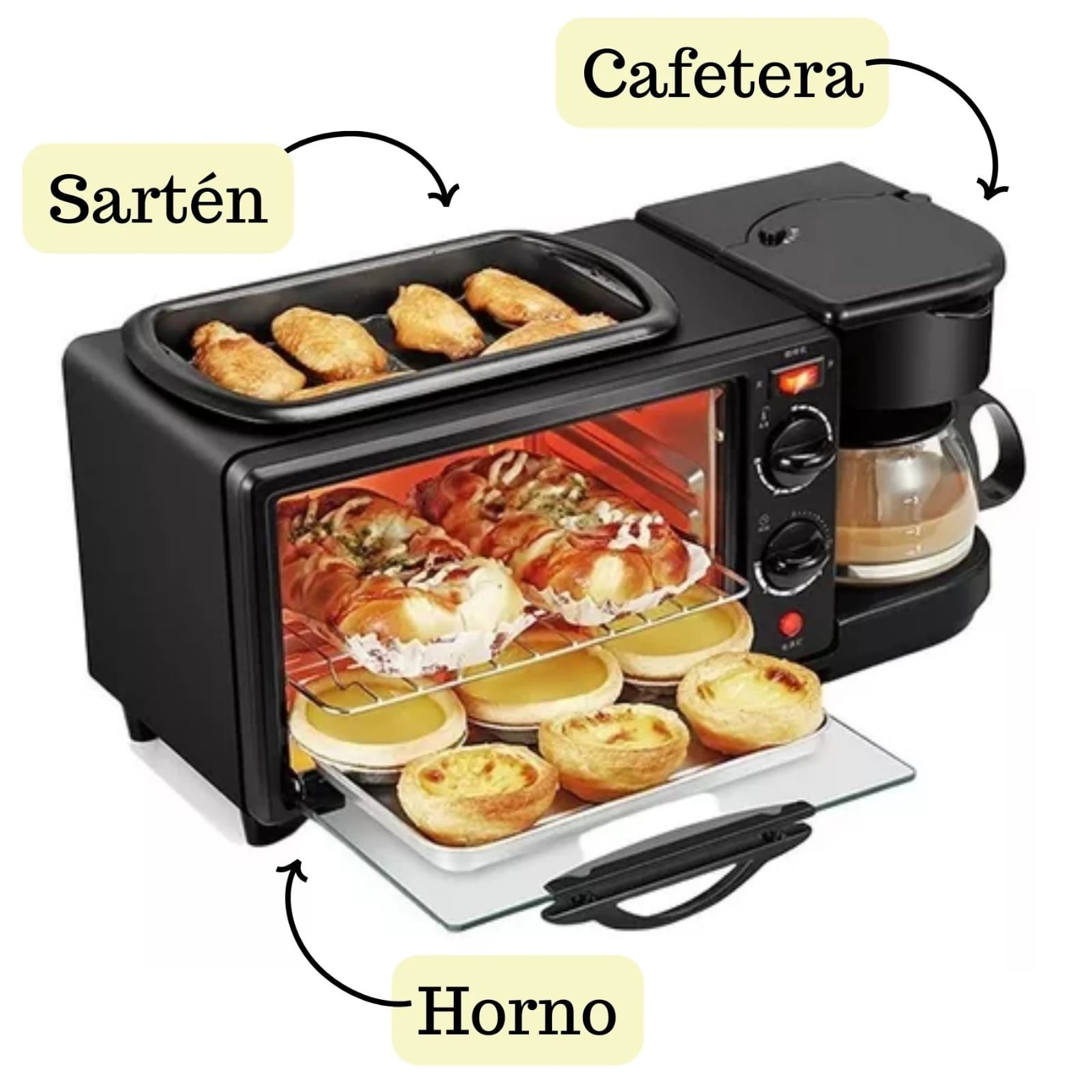 Horno Eléctrico, Cafetera y Freidora 3 en 1